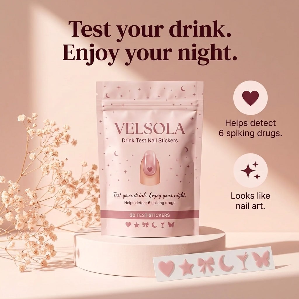 Velsola drink test nail stickers pouch. Test your drink. Enjoy your night. Helps detect 6 spiking drugs. Looks like nail art.