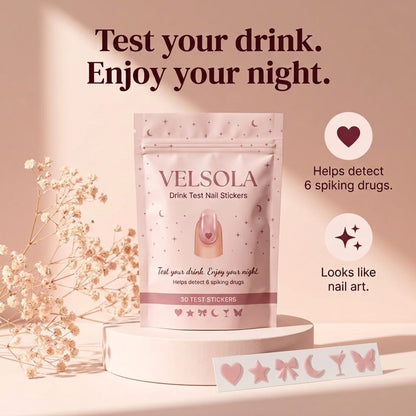 Velsola drink test nail stickers pouch. Test your drink. Enjoy your night. Helps detect 6 spiking drugs. Looks like nail art.