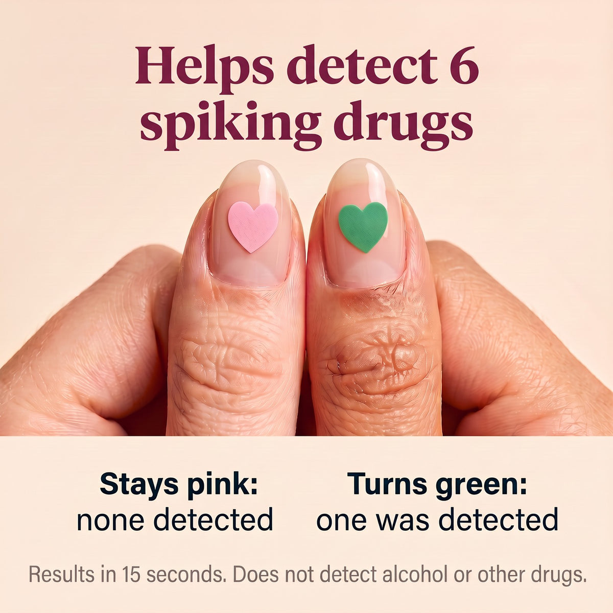 Helps detect 6 spiking drugs. Stays pink if none is detected, turns green if one is. Results in 15 seconds